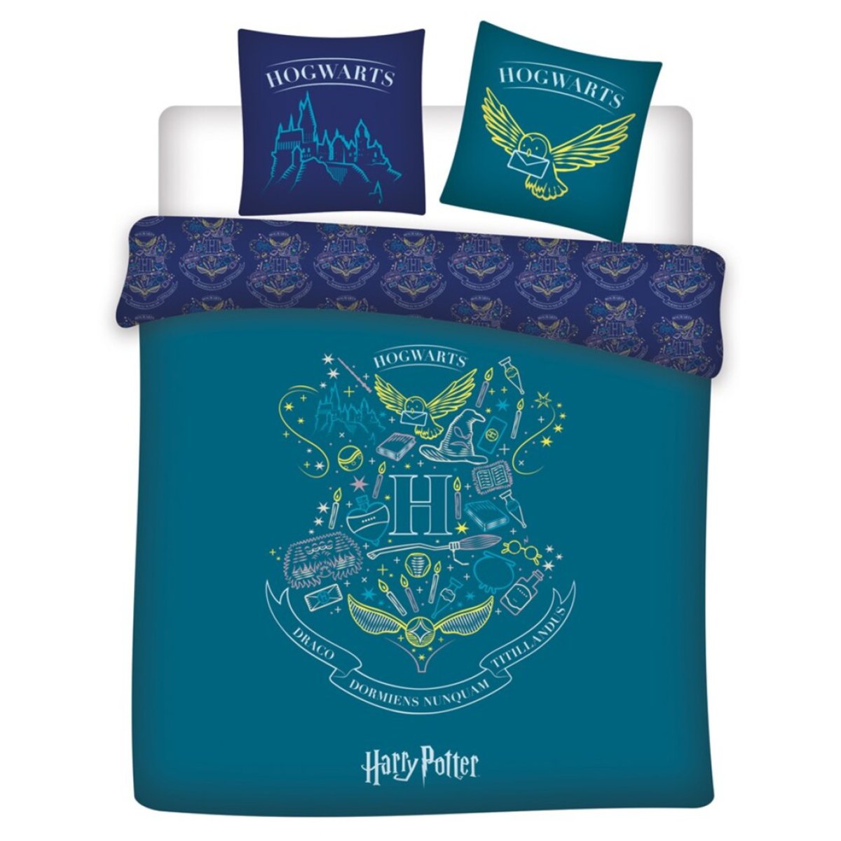 Parure de Lit Enfant Imprimée Réversible Lit 2 Places, POUDLARD BLEU bleu, HARRY POTTER