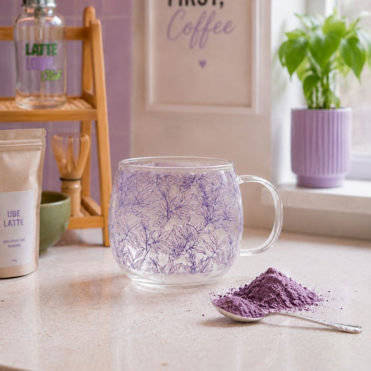 Mug fleuri en verre avec couvercle, LATTE LOVERS transparent, ARTIME