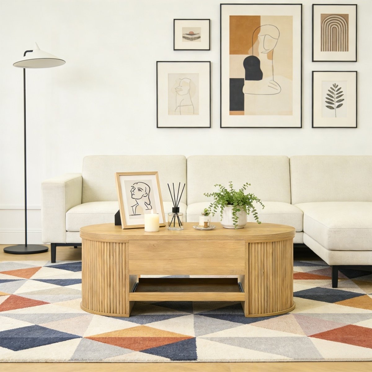 Table basse relevable panneaux courbes, CHESTNUT oak, MEUBLES COSY