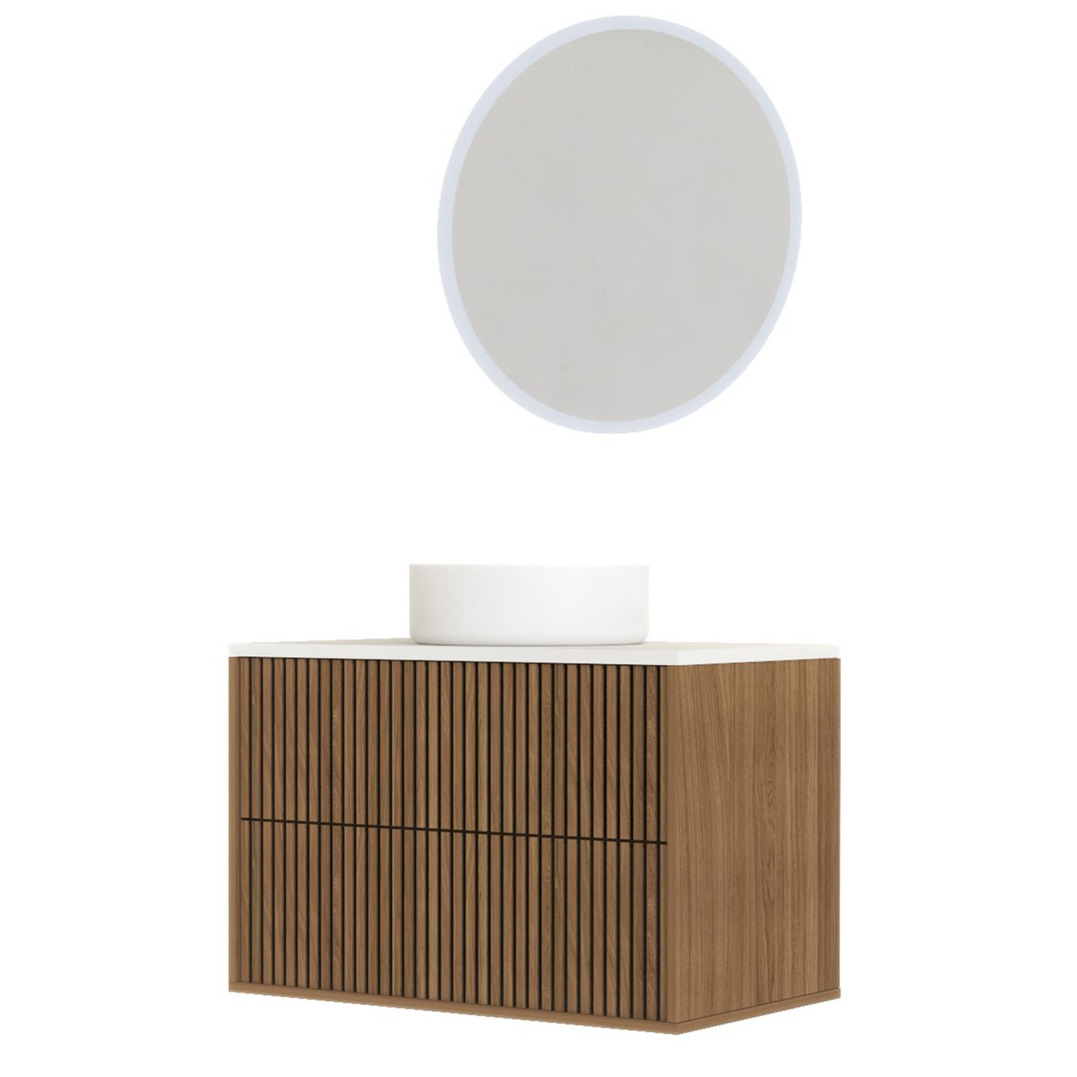 Meuble de salle de bain suspendu avec façade crantée, vasque(s) ronde(s) et miroir(s) LED naturel, HOME MAISON