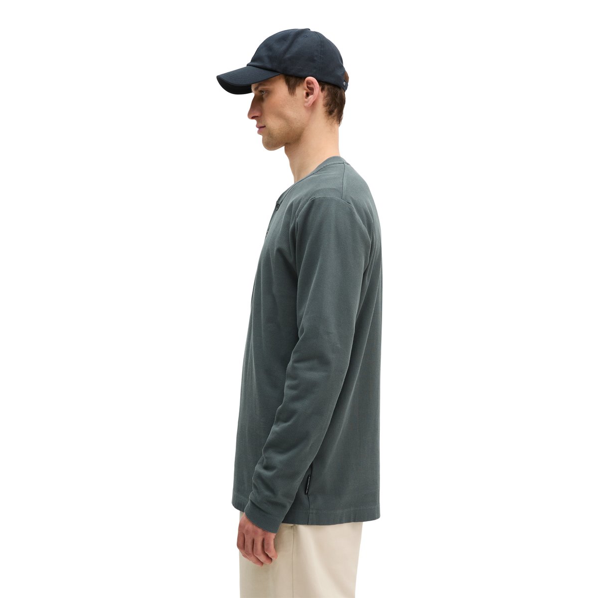 DfC Henley-Longsleeve regular en jersey interlock côtelé gris foncé, MARC O'POLO