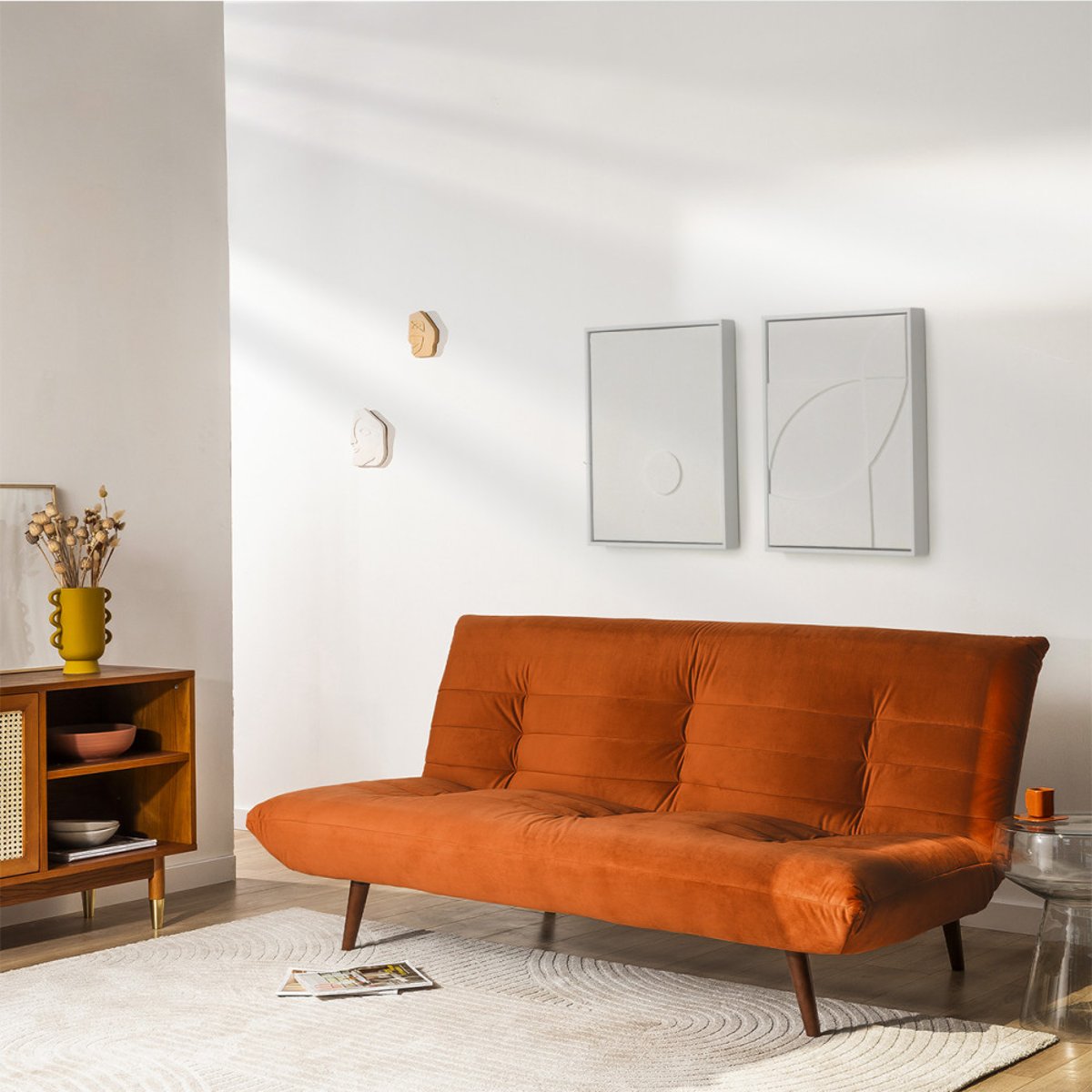Canapé convertible 3 places en velours- TOMMY rouille, DRAWER