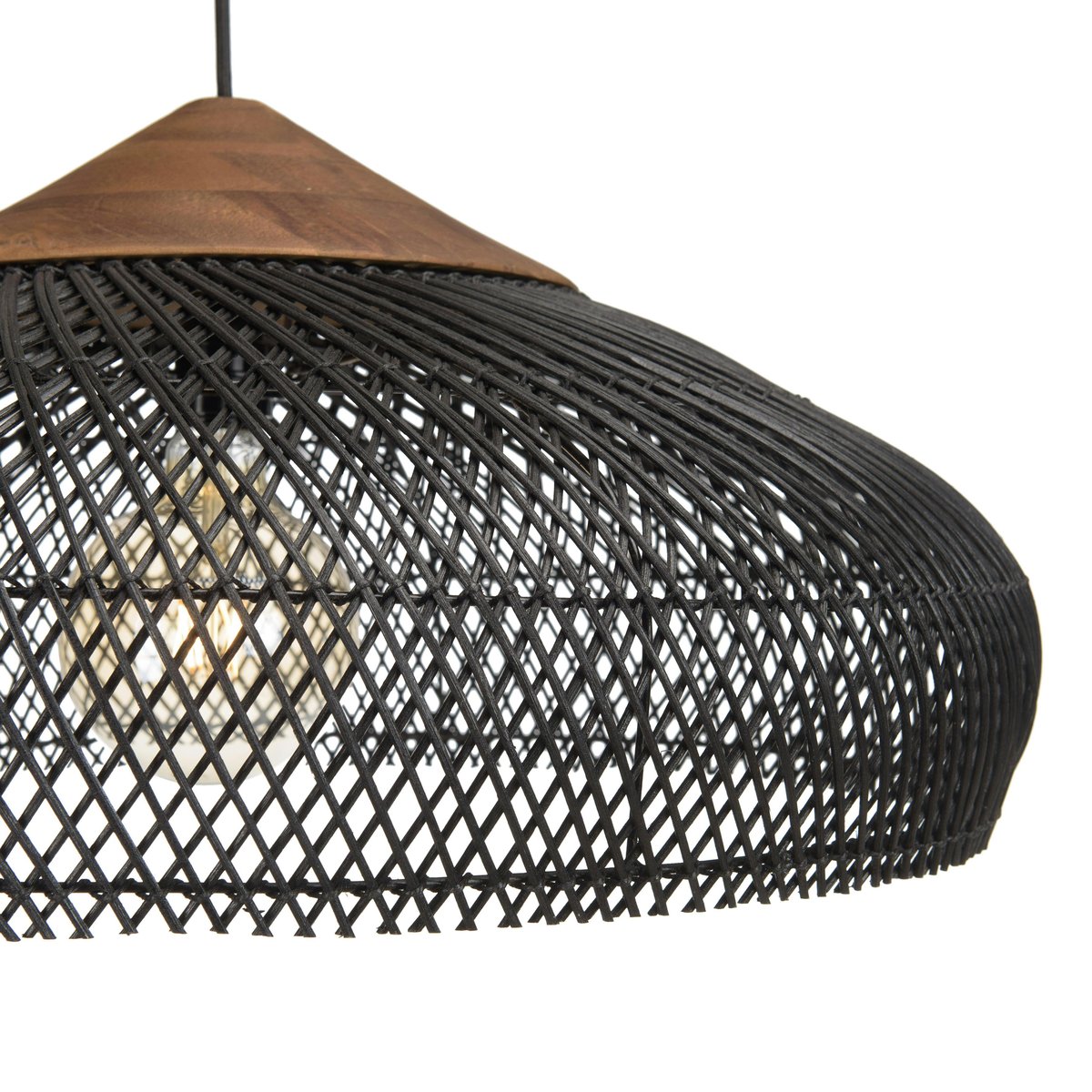 Suspension ronde 65cm en rotin et teck FOLELLI noir, PIER IMPORT