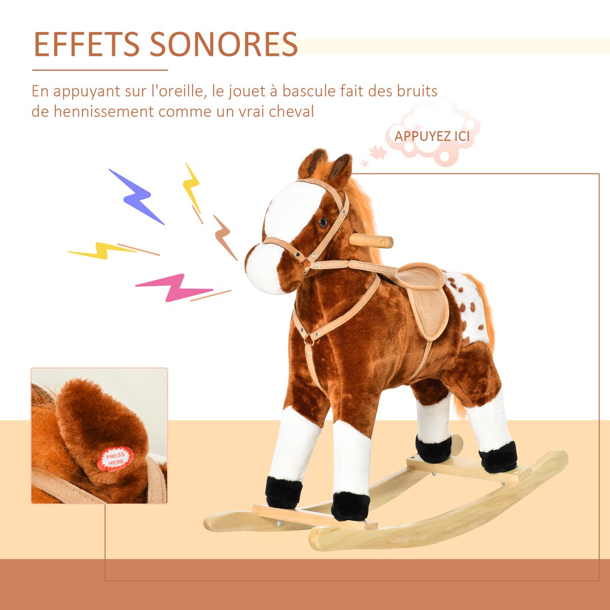 Cheval à bascule pour enfants Peluche Courte marron, HOMCOM