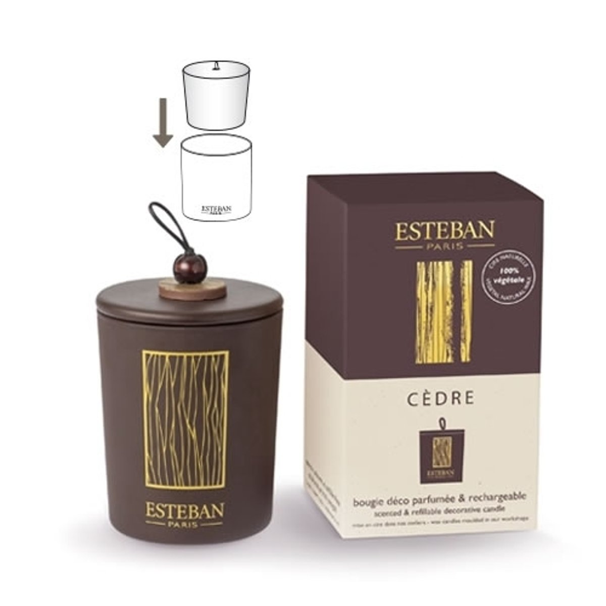 Bougie décorative parfumée rechargeable cèdre 170 g multicolore, ESTEBAN