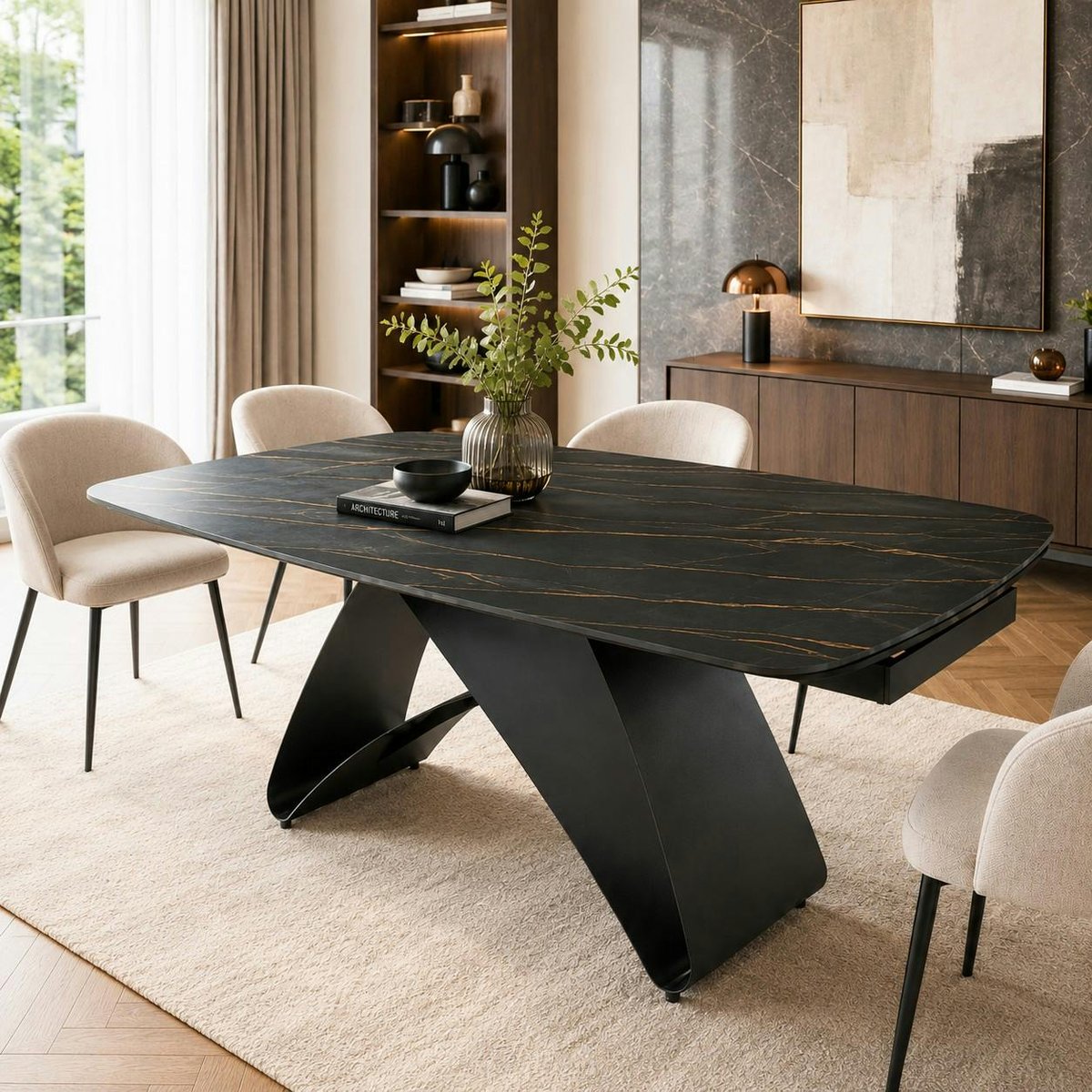 Table design en céramique, plateau extensible 8 / 10 places LORA marbre noir, PIER IMPORT