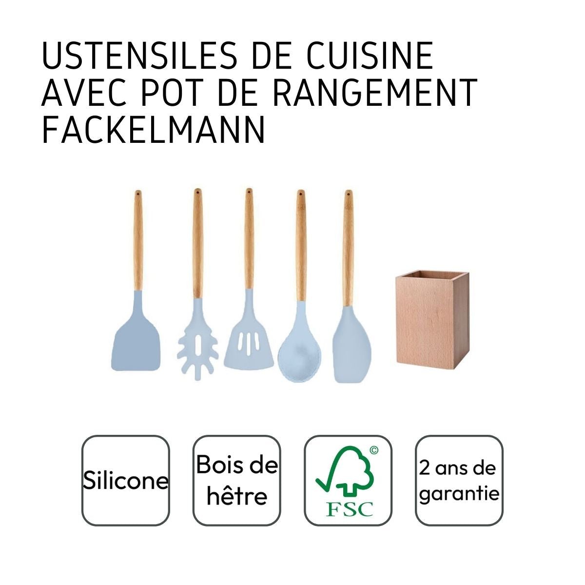 Set d'ustensiles de cuisine en bois avec pot de rangement bleu,bois, FACKELMANN