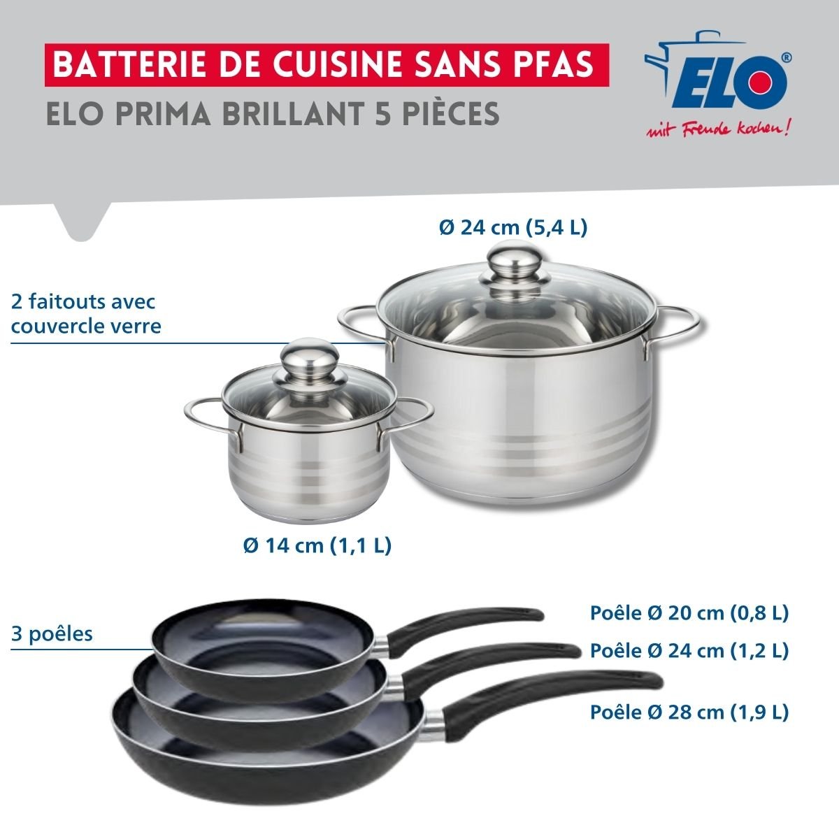 Batterie 3 poêles 20/24/28cm + 2 faitouts 14/24cm PRIMA BRILLANT noir, ELO