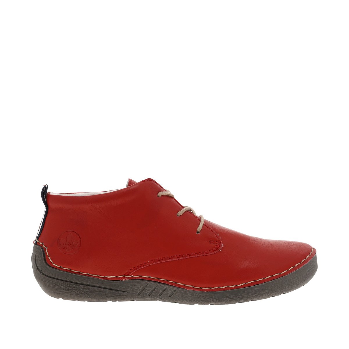 Bottines rouges à semelle plate lacets ronds beiges avec grosses surpiqûres contrastées rouges, RIEKER