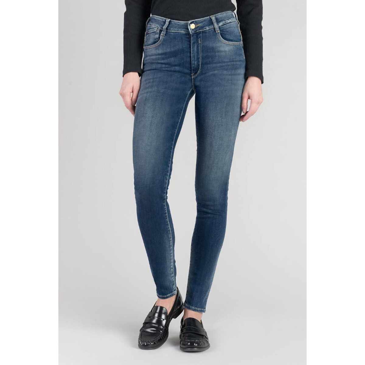 Slim Fit Jeans with High Waist double stonewashed blue, LE TEMPS DES CERISES