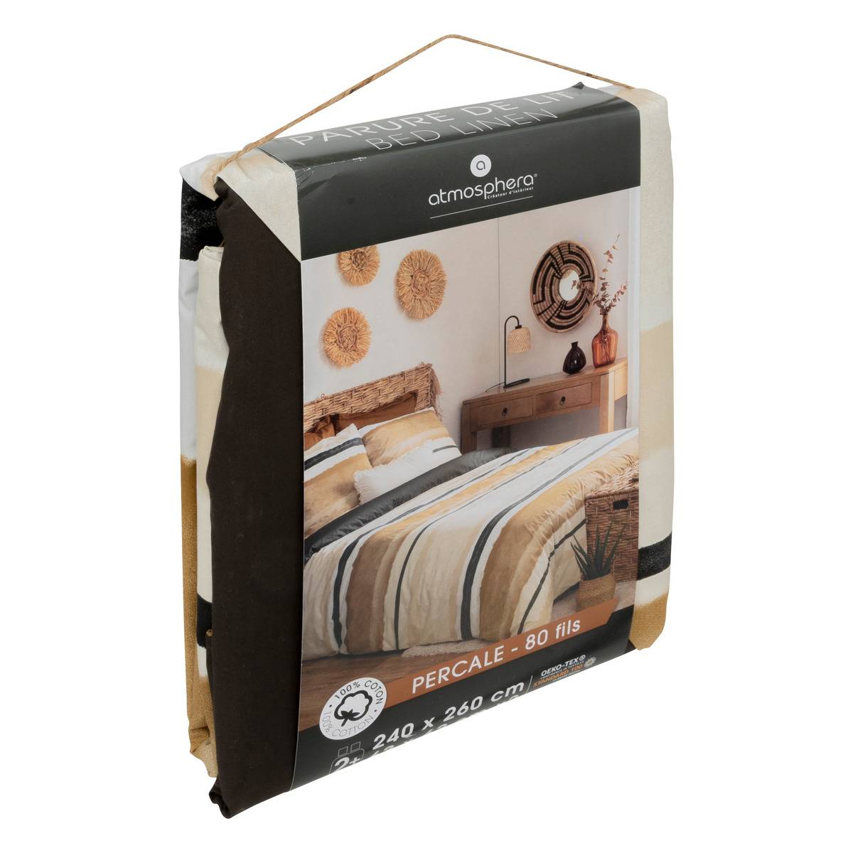 Parure de lit imprimée en percale de coton HANA ocre, ATMOSPHERA