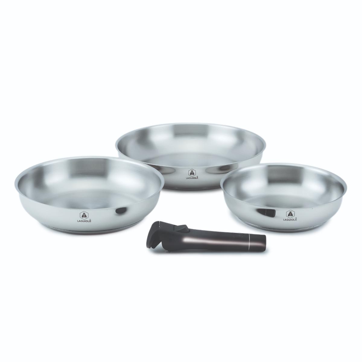 Set de 3 poêles inox amovible 20/24/28cm - "Réactif" couleur unique, LAGUIOLE CUISSON
