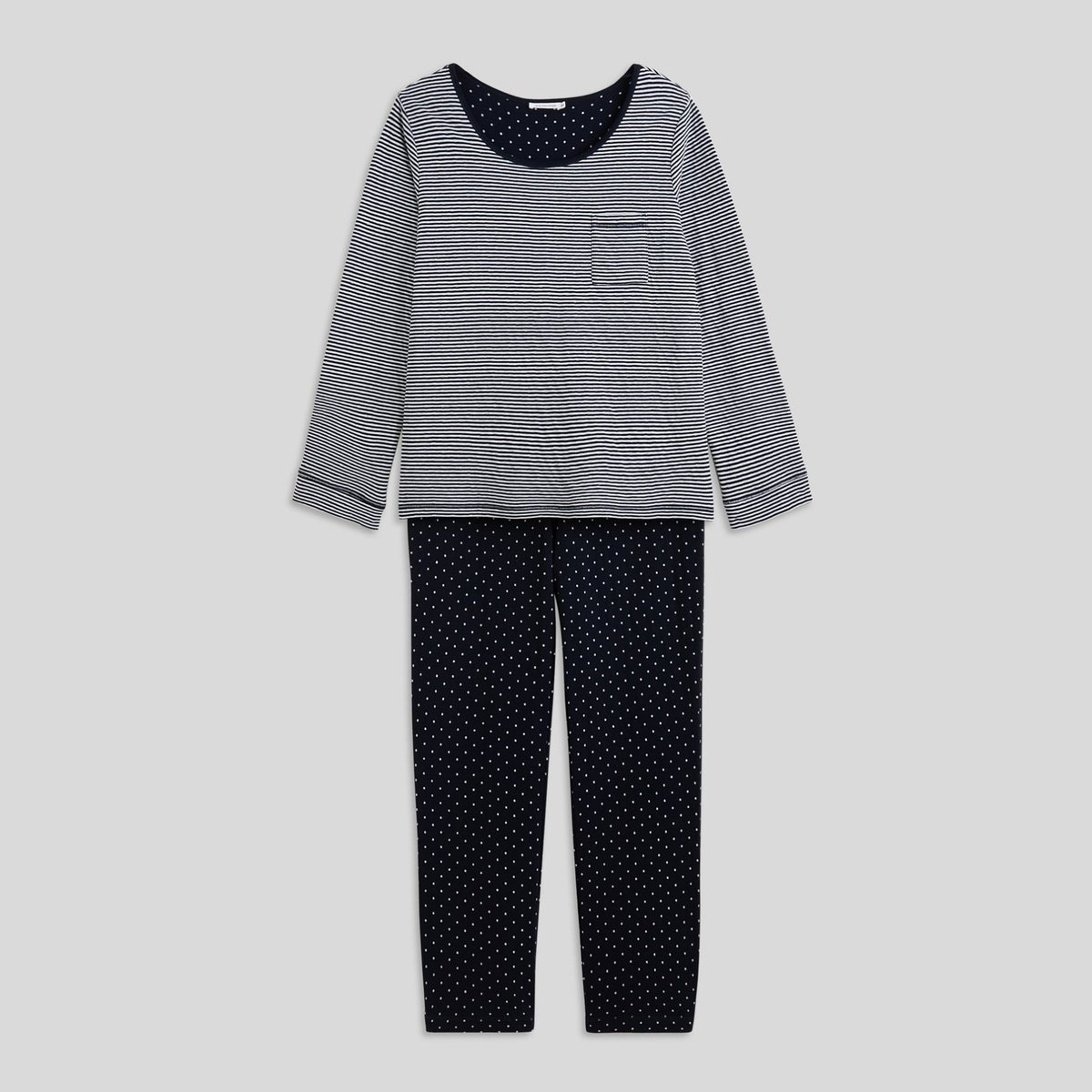 Pyjama long à rayures et pois en coton BIO marine, MONOPRIX
