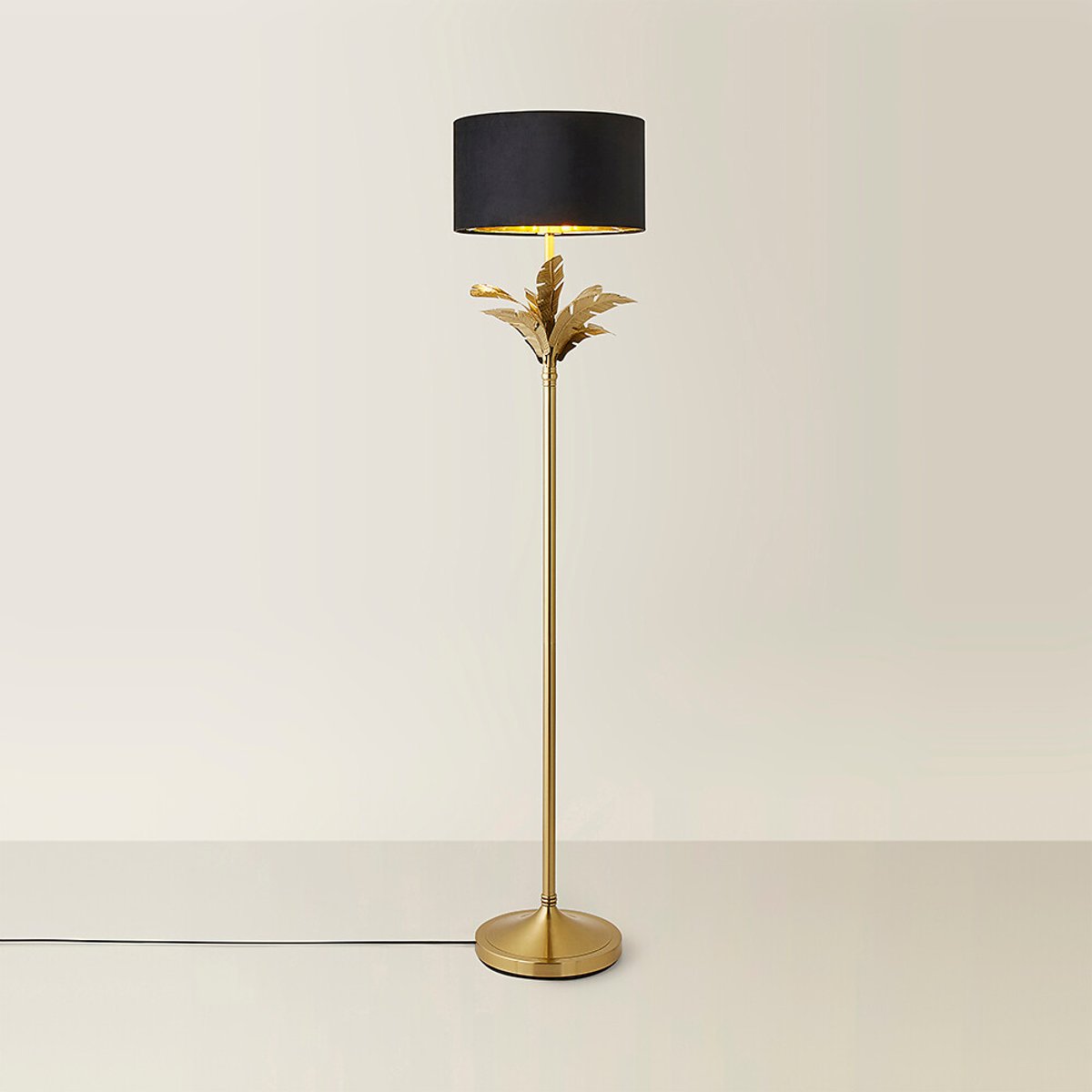 Chrissy Gold Palm Leaf Floor Lamp with Velvet Drum Shade black, SO'HOME