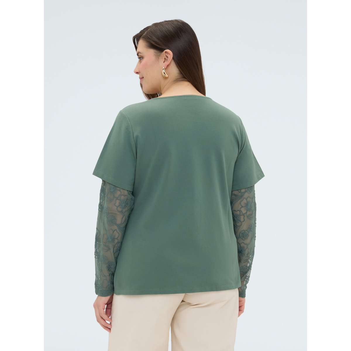 T-shirt avec manches et encolure en dentelle verde militare, FIORELLA RUBINO