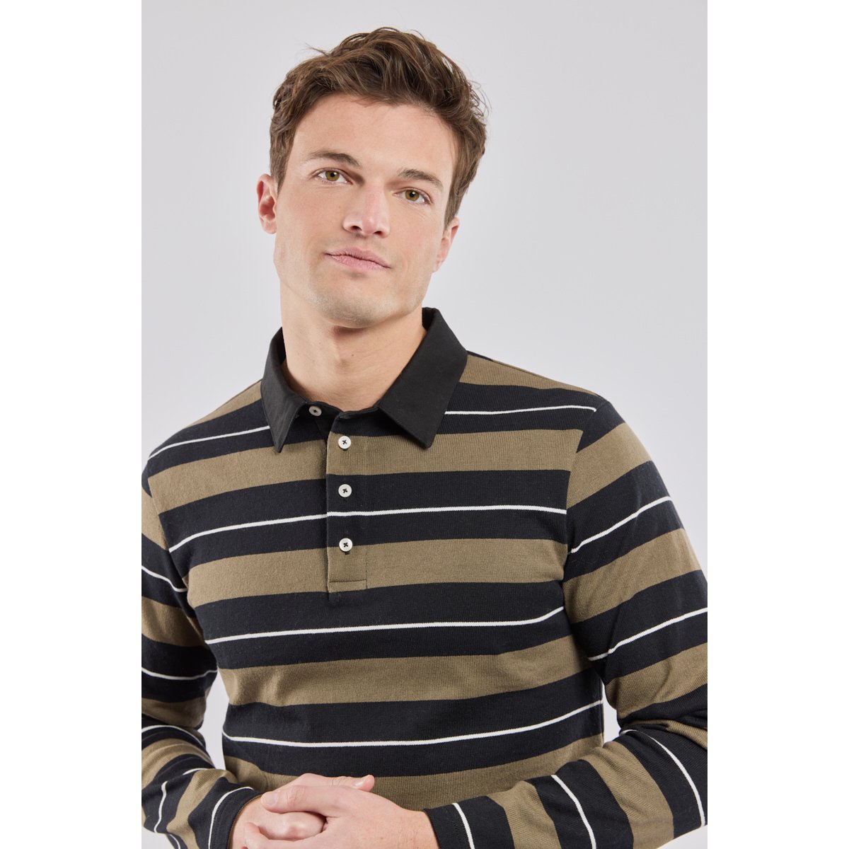 Polo rayé - fil Open-End en coton pour homme noir/olive/milk, ARMOR-LUX