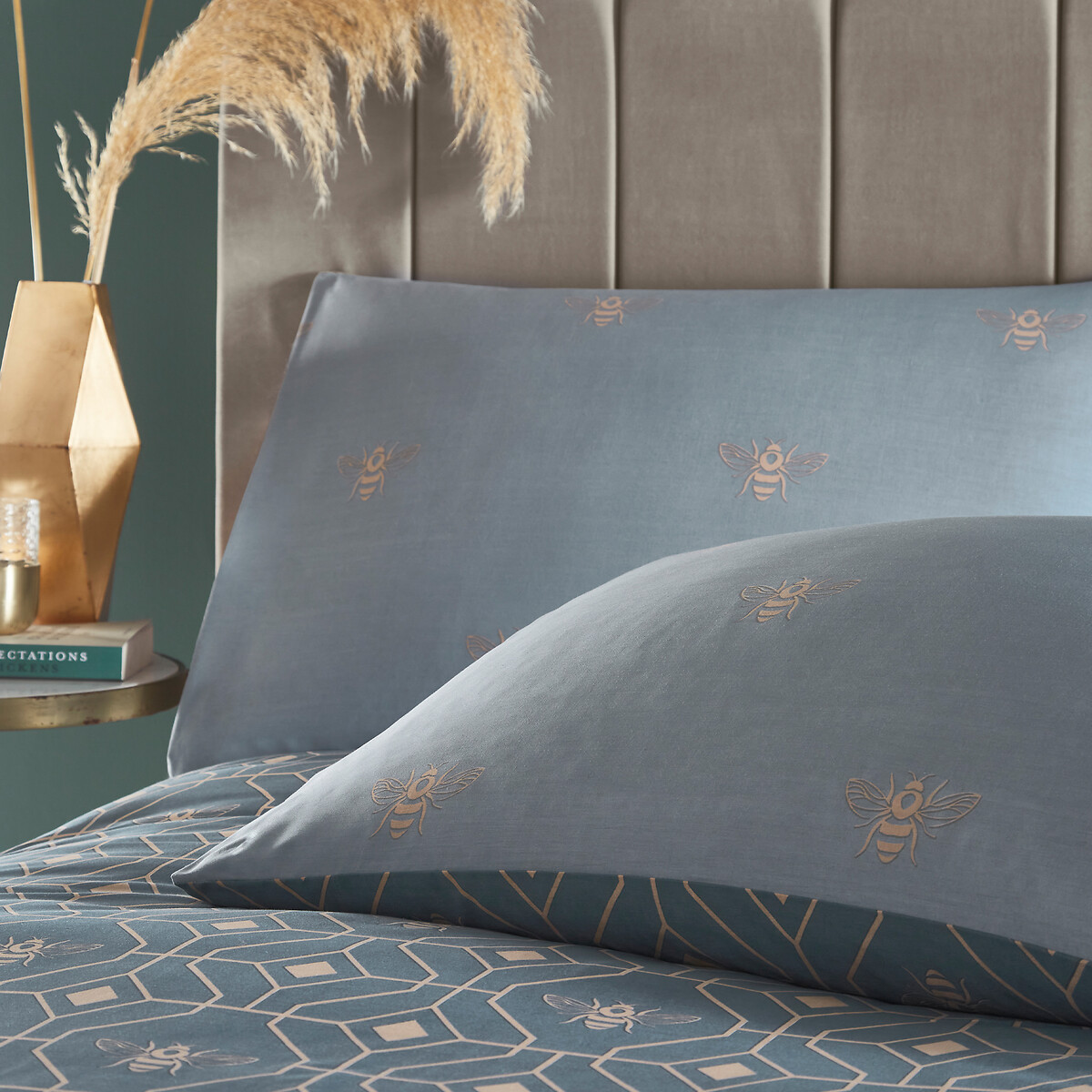 Bee Deco Geometric Cotton Mix Duvet Cover and Pillowcase Set blue, FURN.