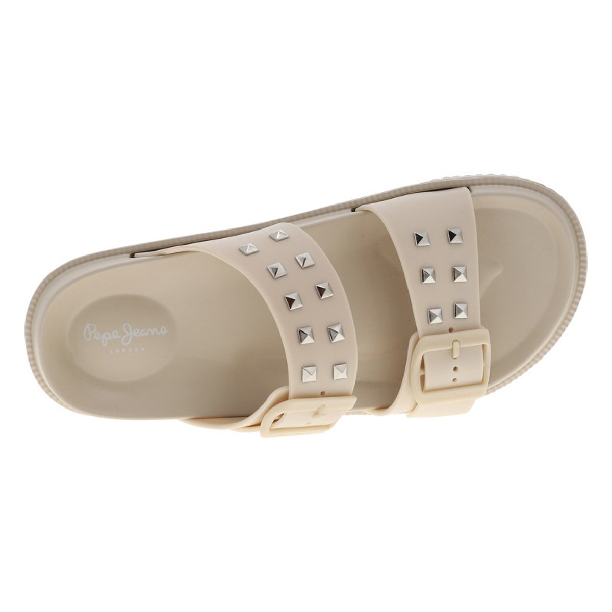 Sandales beiges avec un talon plat et 2 boucle à ardillon avec clous beige, PEPE JEANS