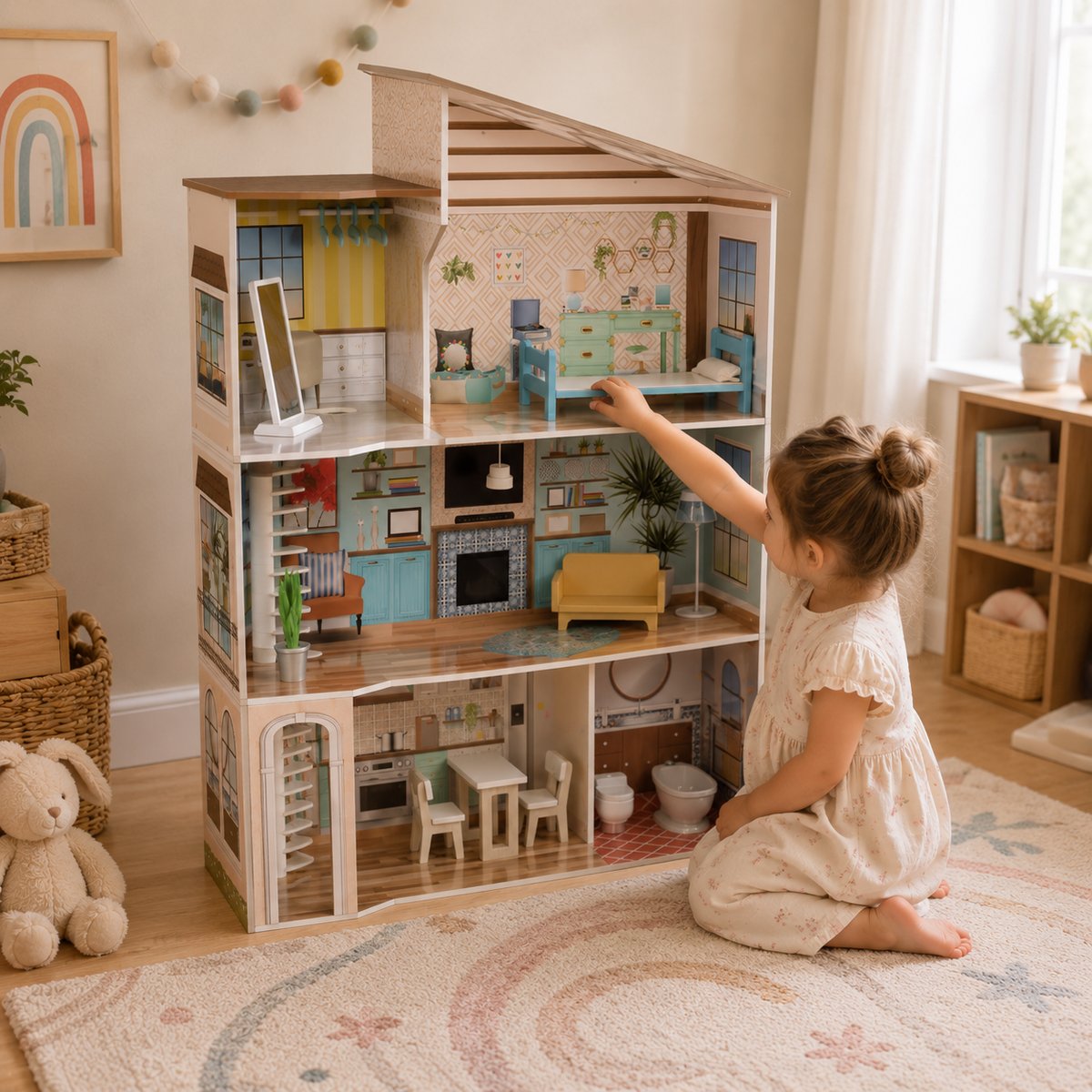 Maison Poupée Bois 3 Étages rose, TEAMSON KIDS