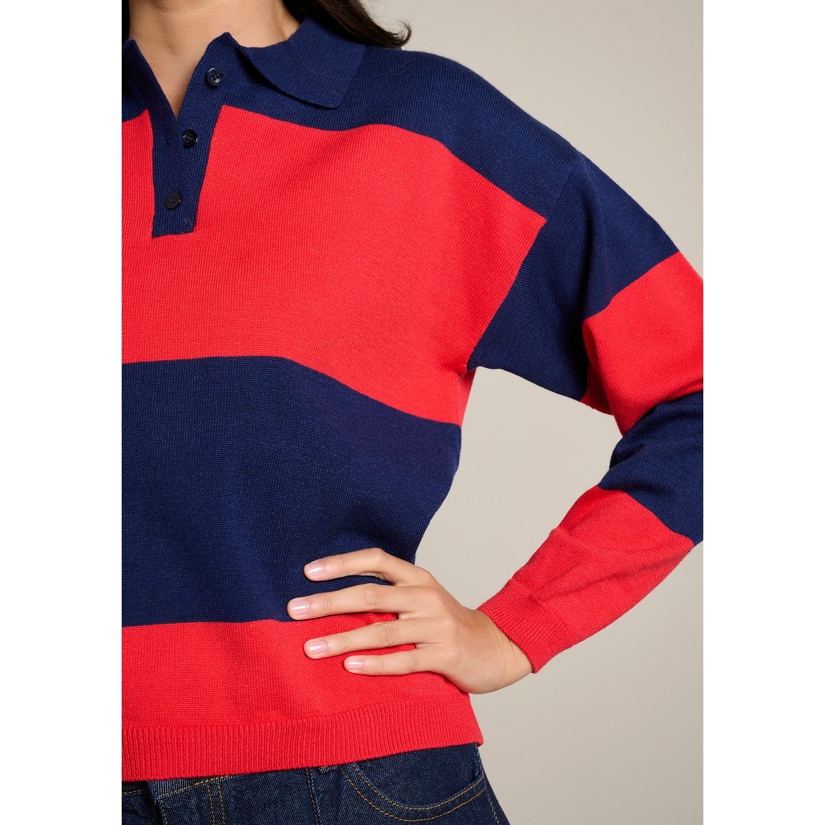 Pull rayé col polo à bouton bleu marine, LOLALIZA