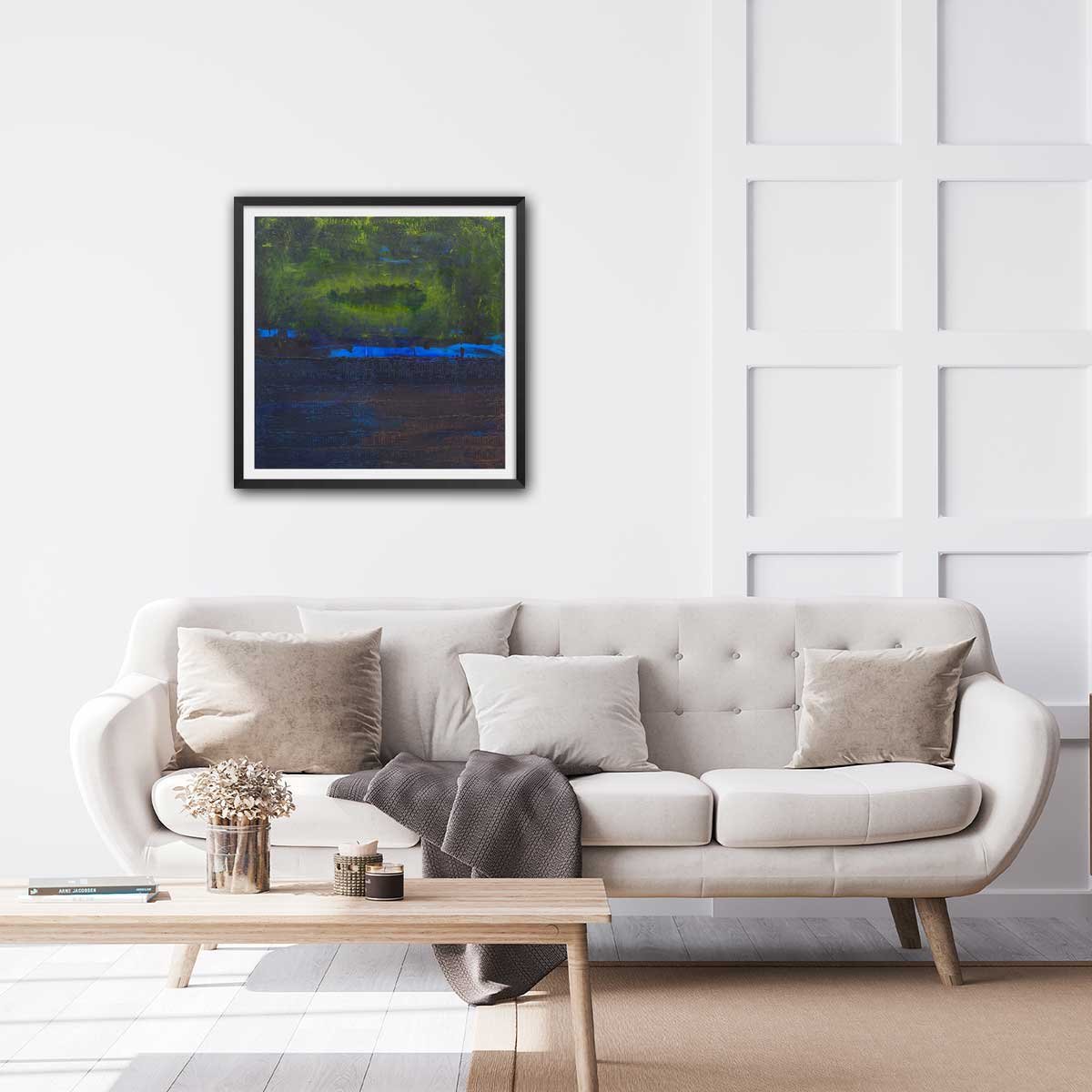 Affiche abstrait boreales bleues affiche + cadre en bois - noir, HEXOA