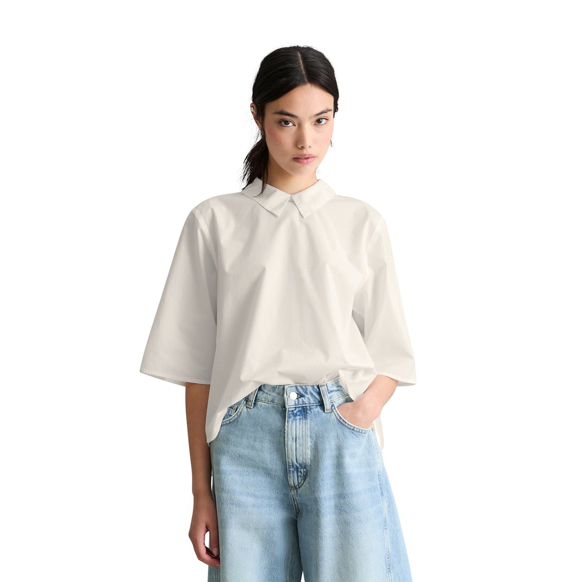 Blouse popeline à manches courtes regular avec détail de plis dans le dos blanc, MARC O’POLO DENIM