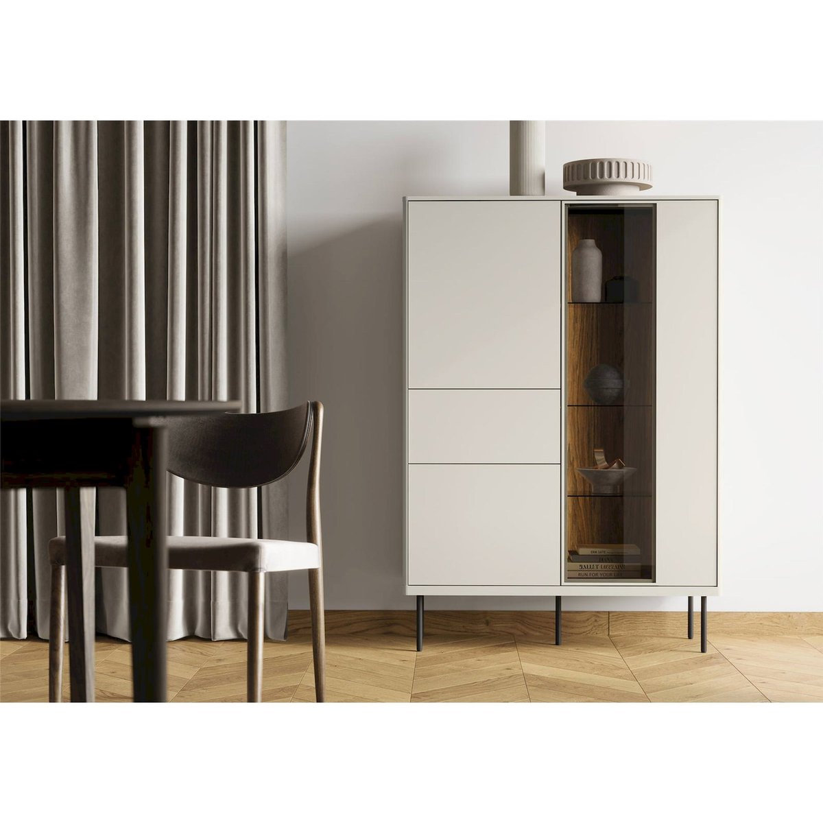 Vitrine haute EPIRO avec éclairage LED beige grisé et chêne foncé, RECOLLECTION
