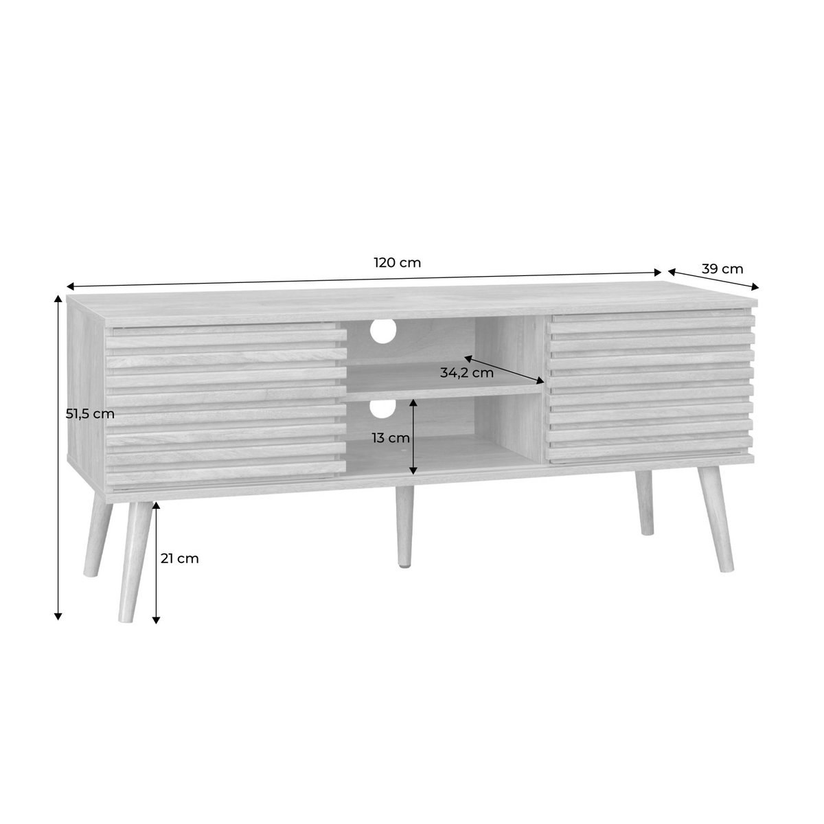 Meuble TV scandinave décor bois rainuré 2 portes 120cm MADERE naturel, SWEEEK