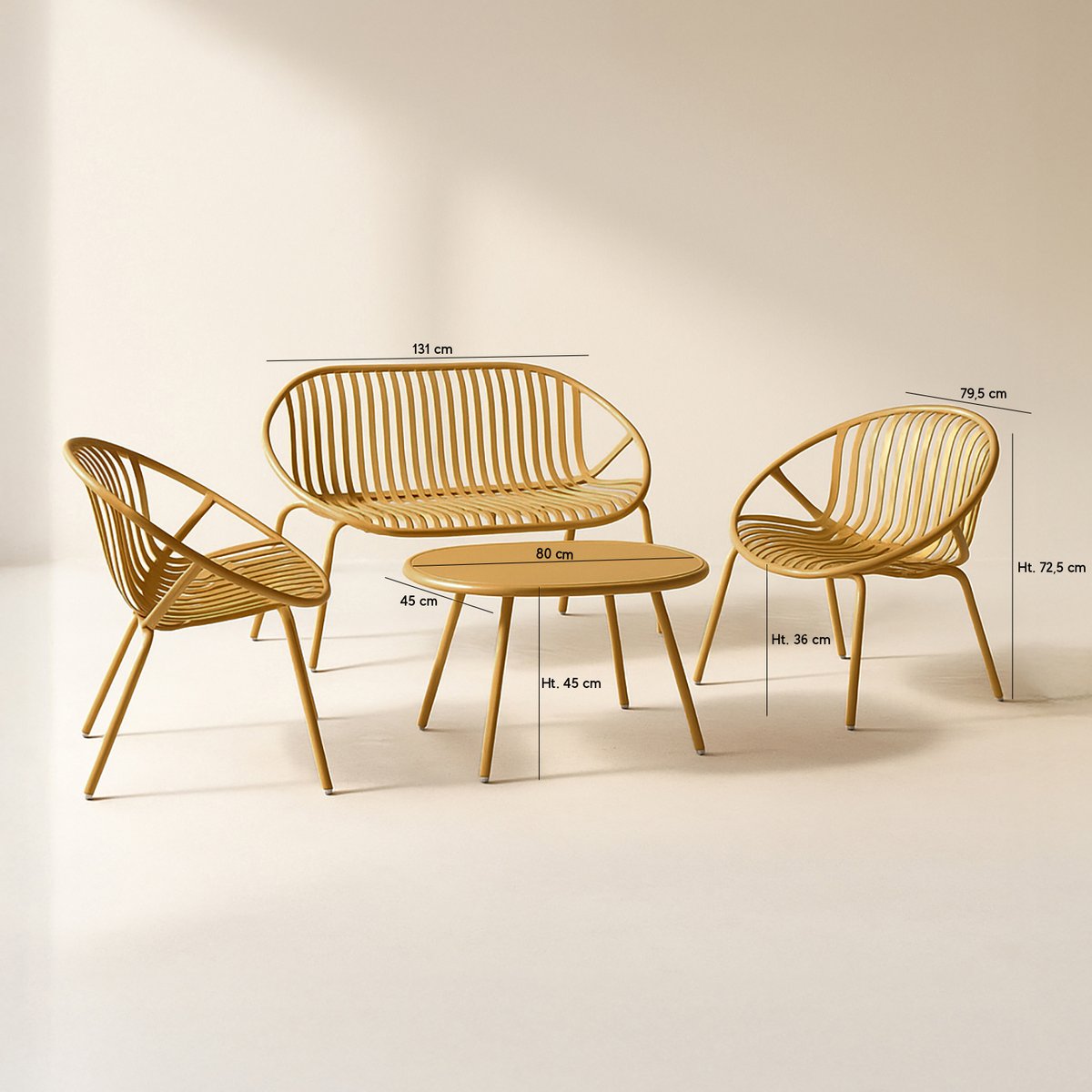 Salon de jardin table et 2 fauteuils 1 canapé en polypropylène et métal, CALYPSO ocre, NOW'S HOME