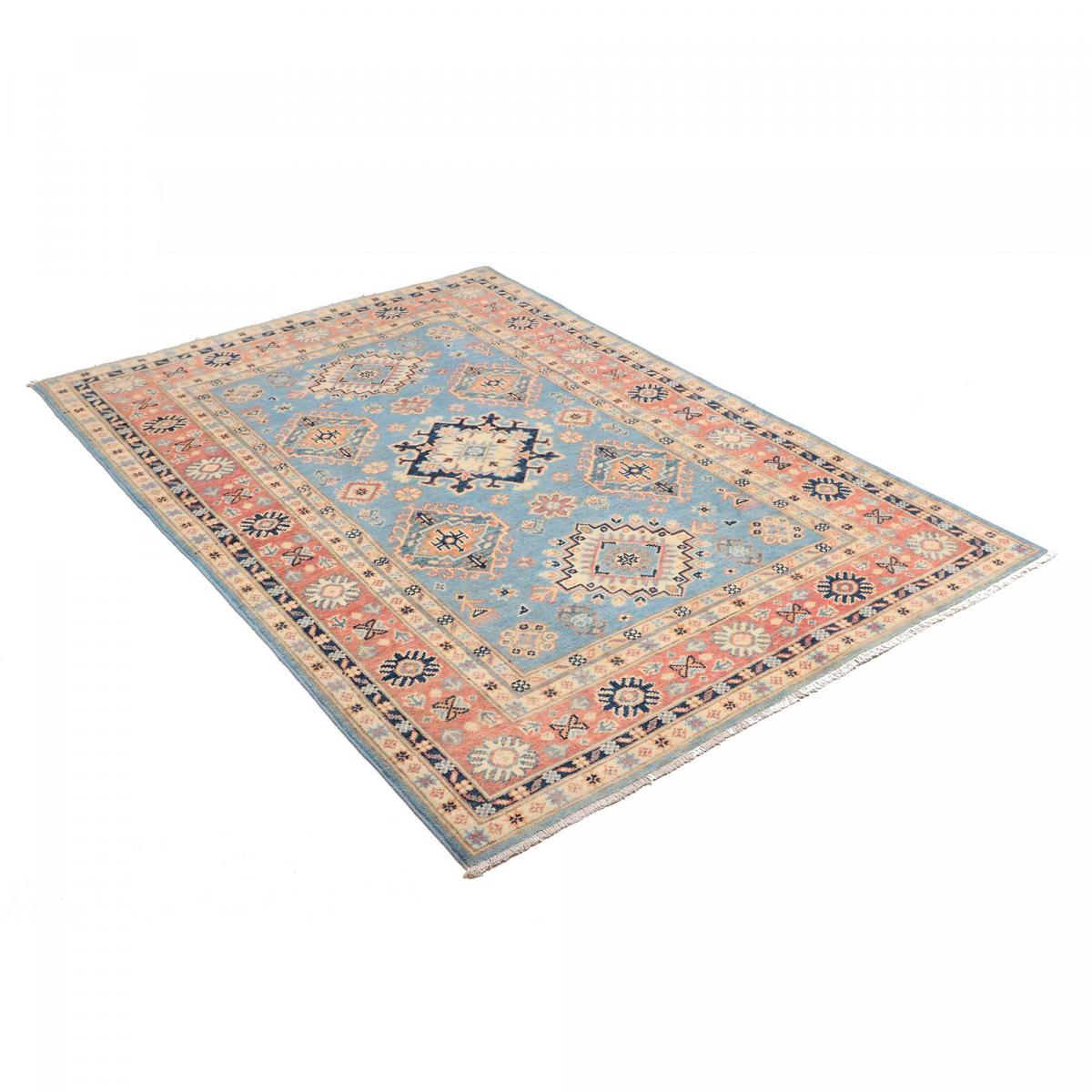 Tapis salon géométrique, artisanal noué main en laine naturelle bleu, beige, rose, UN AMOUR DE TAPIS