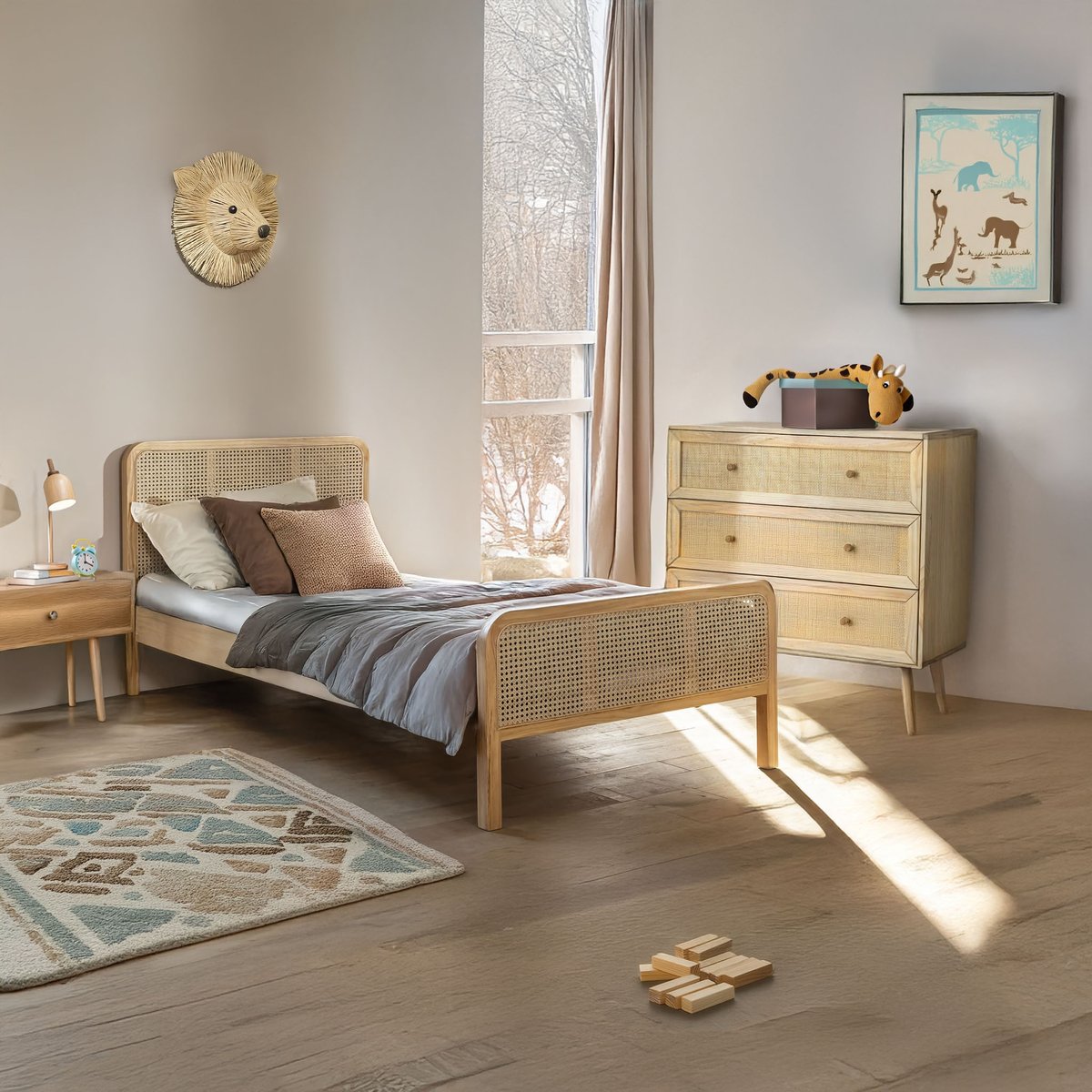 Chambre lit cannage enfant avec commode - ANNA bois naturel, TERRE DE NUIT