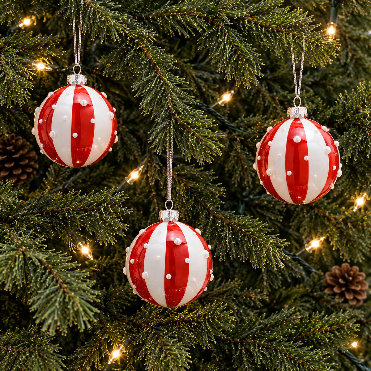Set of 3 Red Stripe Baubles red, SO'HOME