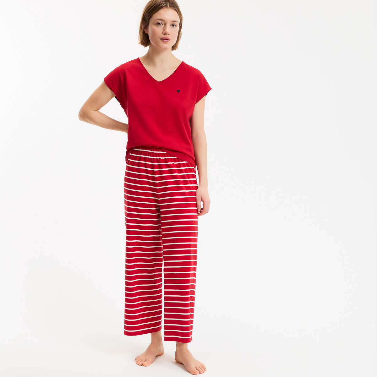 Pyjama en jersey pur coton rayé rouge, ANNE WEYBURN