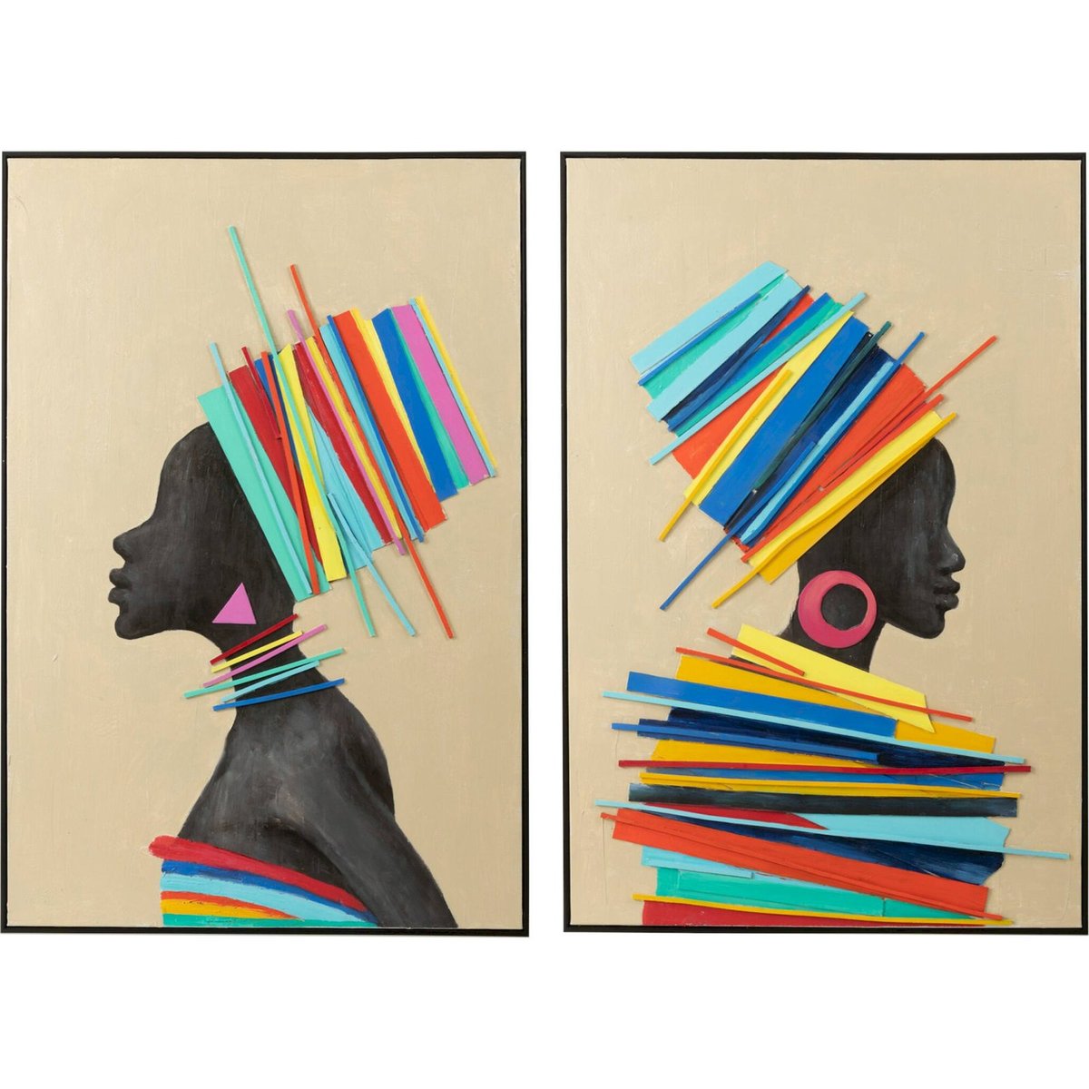 Tableau femme africaine, Lot de 2 multicolore sur fond beige, RECOLLECTION
