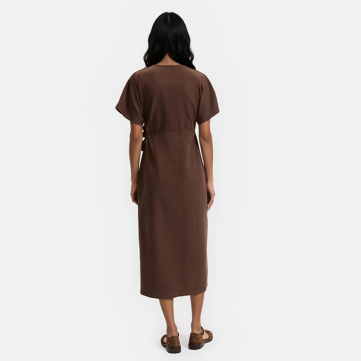 Abito longuette a portafoglio maniche corte marrone scuro, LA REDOUTE COLLECTIONS