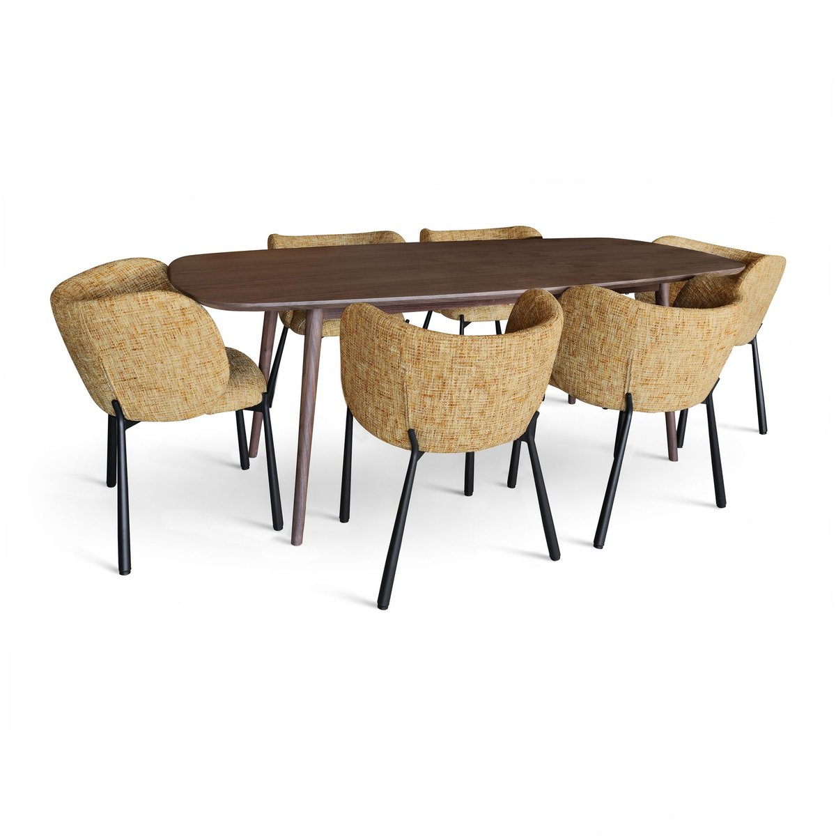 Table effet bois 200cm + 6 fauteuils en tissu noyer / ocre, NOW'S HOME