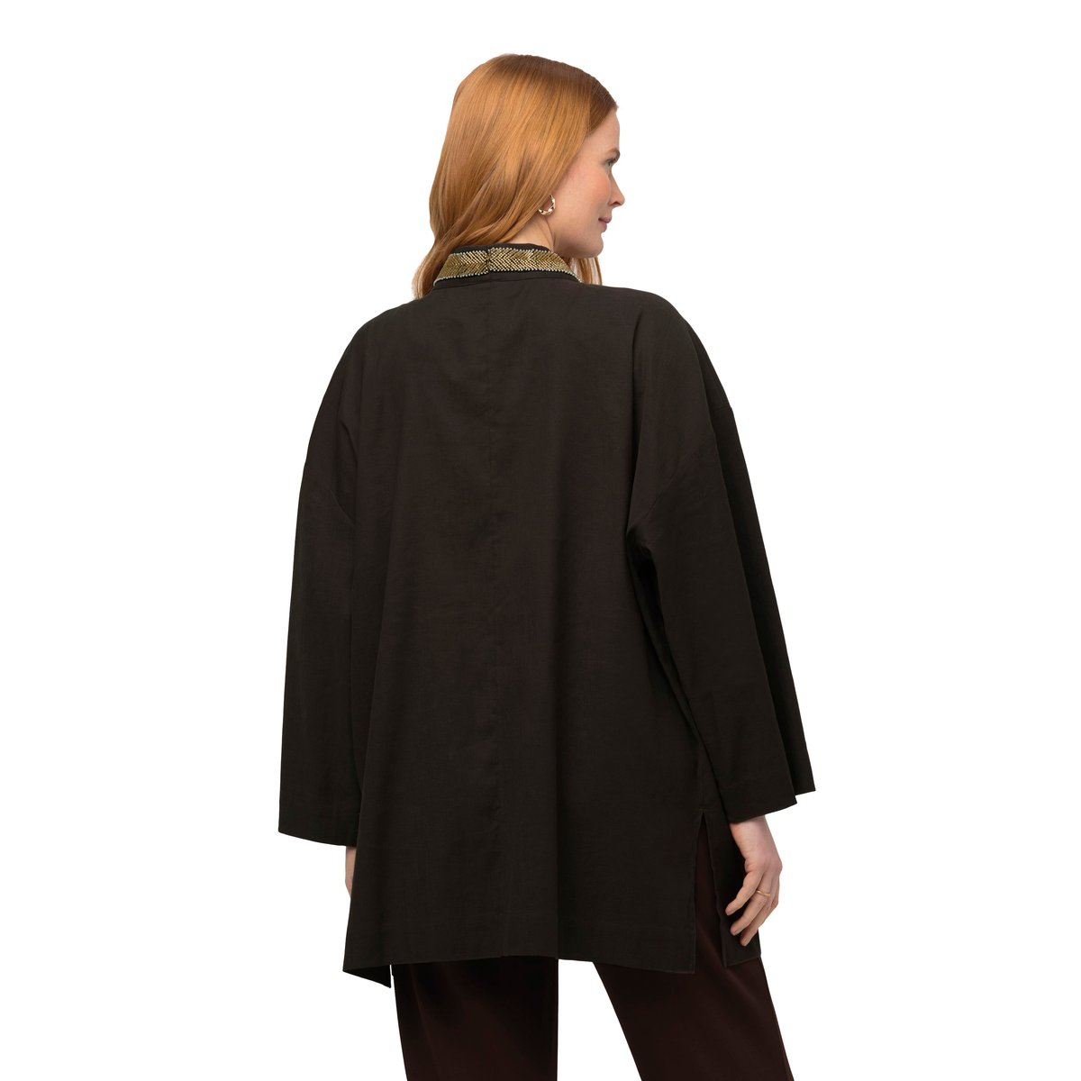 Veste kimono. Col châle. Lin mélangé. Galon marron pin, ULLA POPKEN