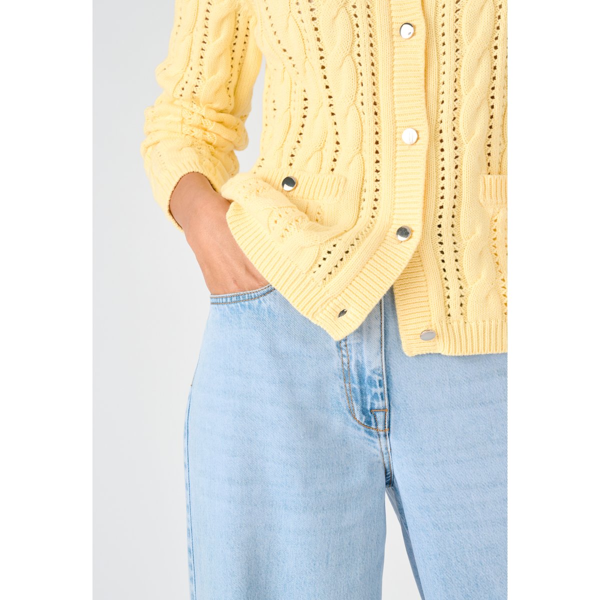 Cardigan maille ajourée et torsades jaune pâle, DAMART