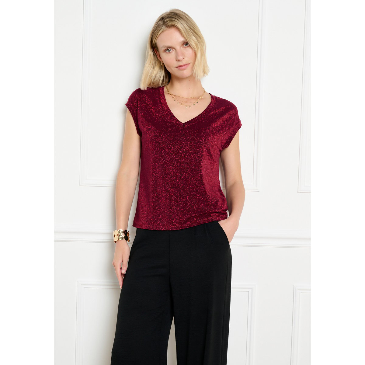 T-shirt fil textile col v bordeaux wine, LOLALIZA