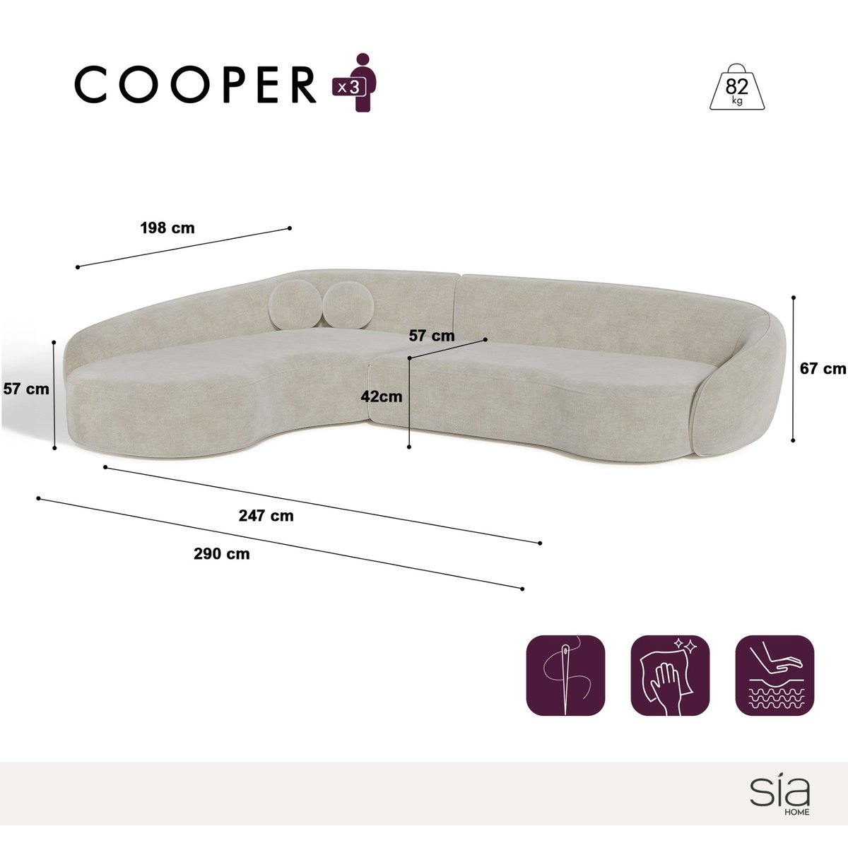 Canapé d'angle gauche 4 places en tissu tramé toucher doux COOPER crème, SIA HOME