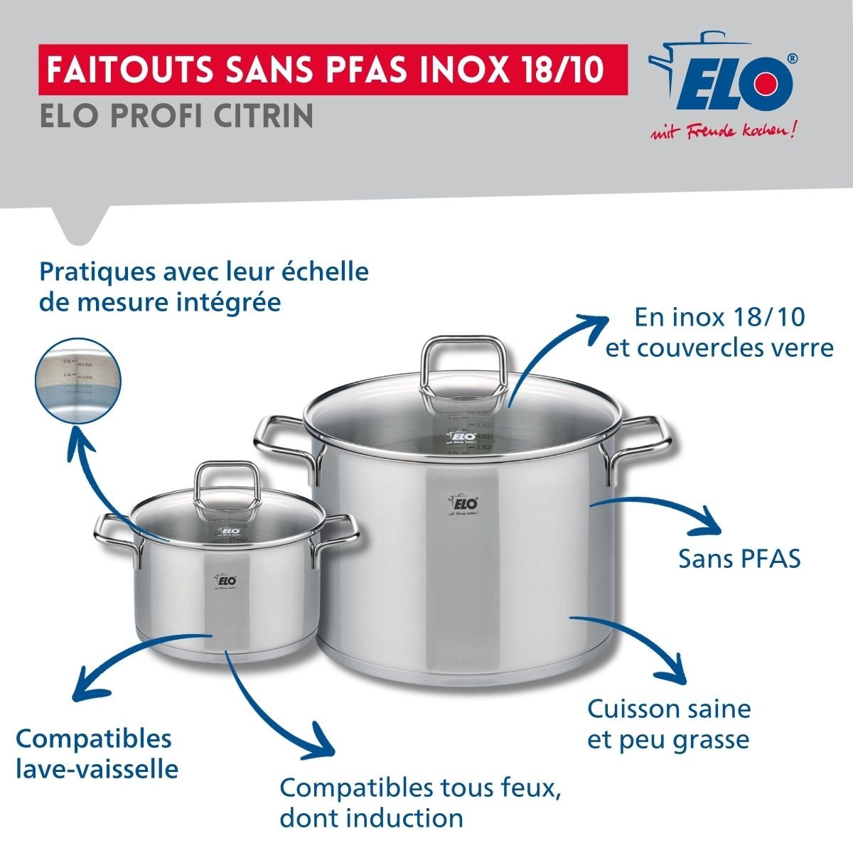 Batterie 2 poêles 24/28cm + 2 faitouts 16/26cm PROFI CITRIN gris, ELO