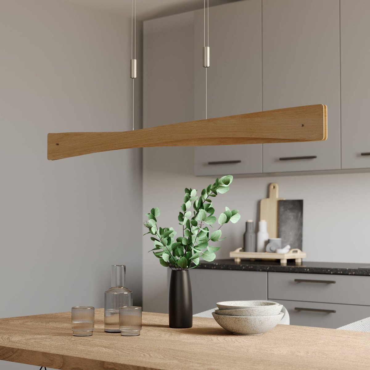 Suspension En Bois Design Led, Lian chêne naturel, nickel mat, LUCANDE