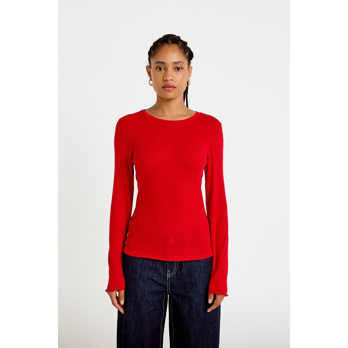 T-shirt ajusté col rond manches longues rouge, CACHE CACHE