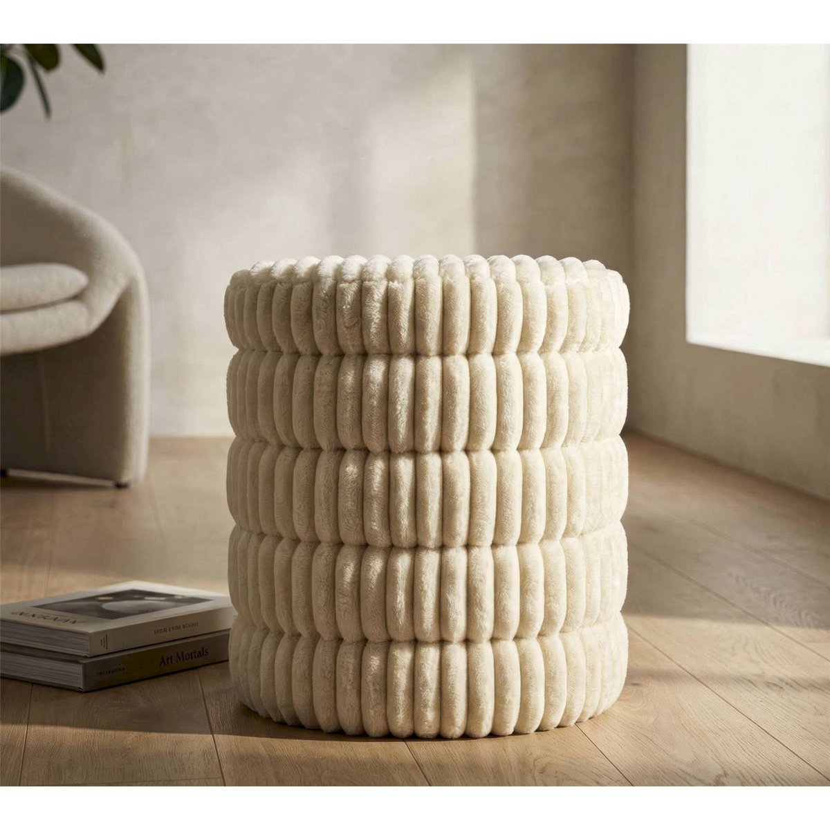 Pouf rond à bandes superposées MODERN blanc, RECOLLECTION