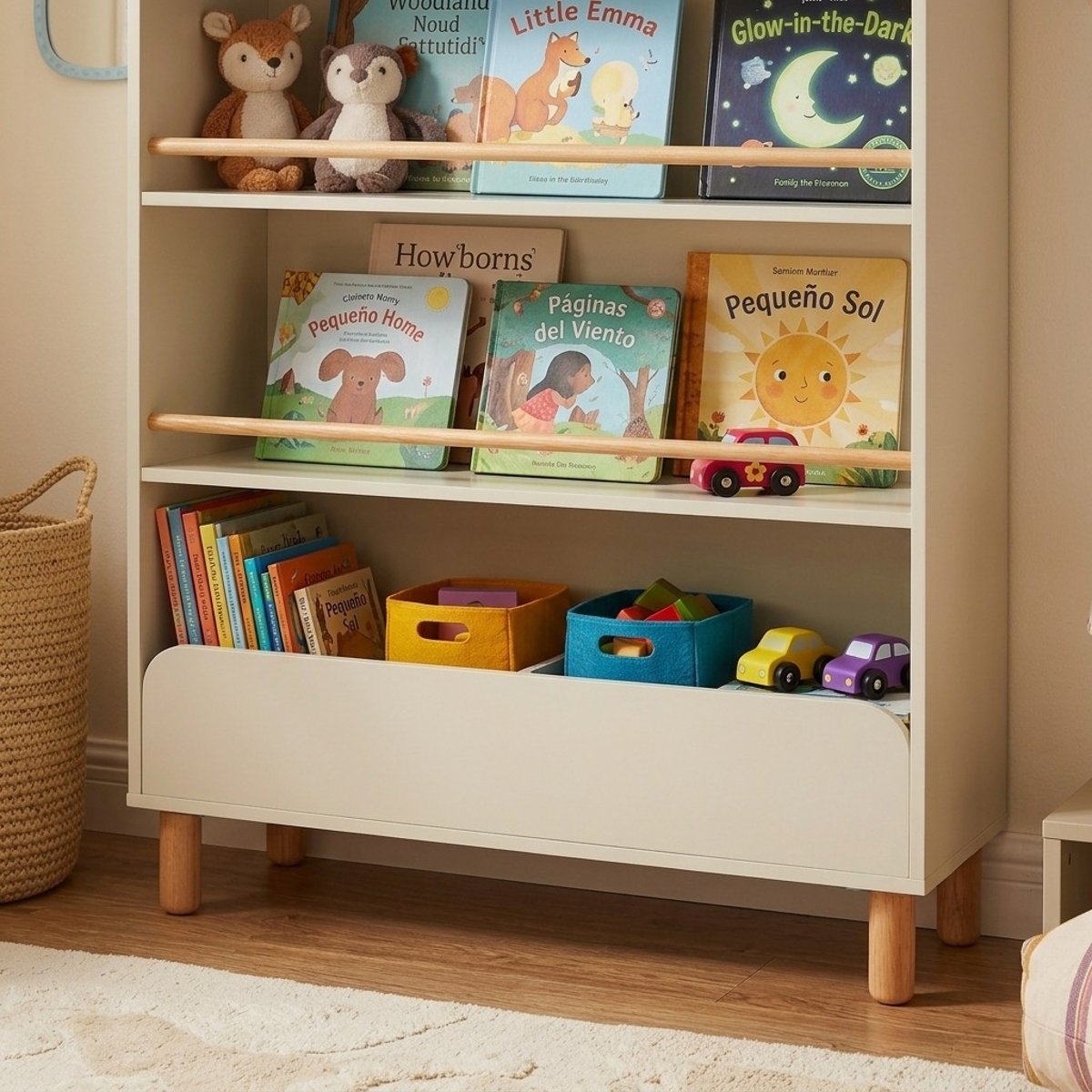 Bibliothèque enfant JANA beige et bois clair, BAÏTA