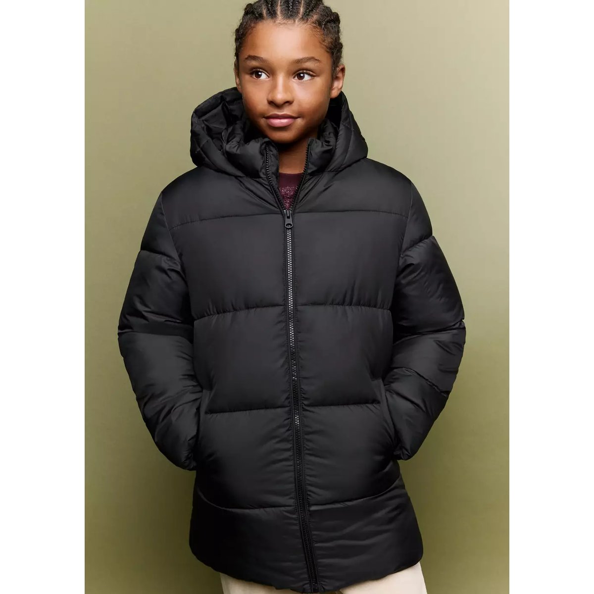 Anorak long matelassé capuche noir, MANGO KIDS