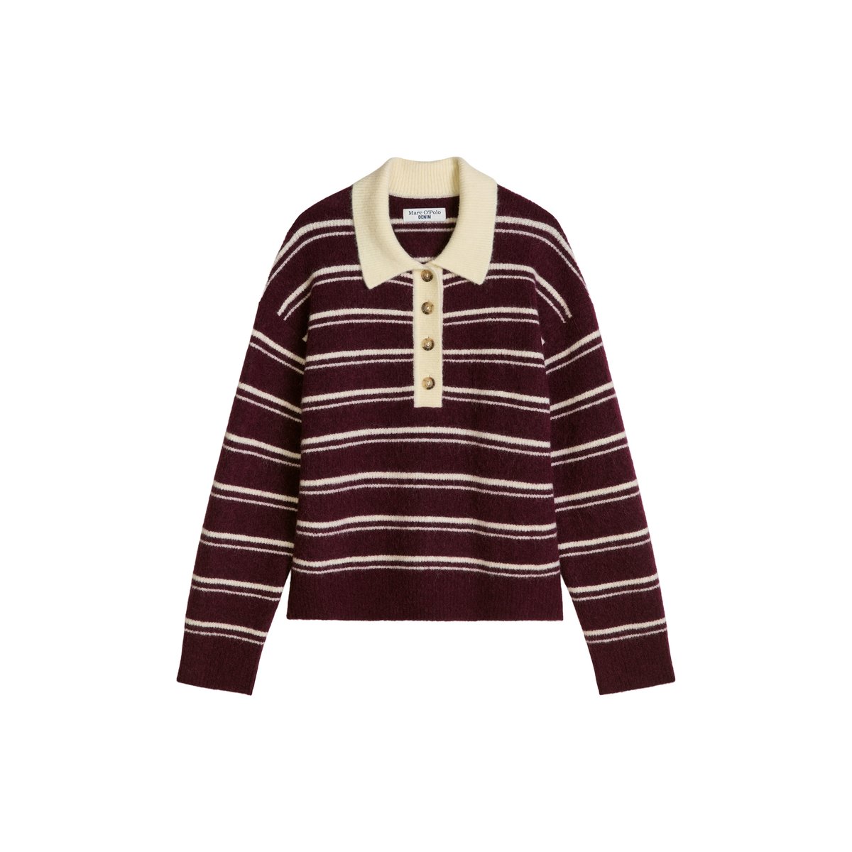 Polo en maille rayé oversize en un mélange douillet de laine d'alpaga marron, MARC O’POLO DENIM