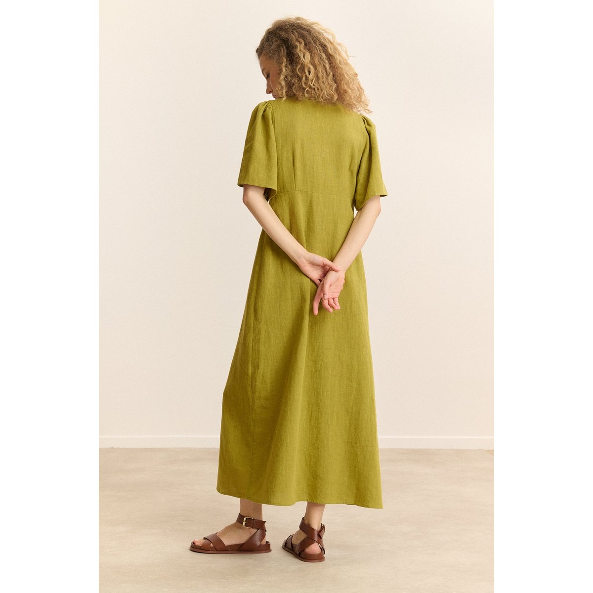Robe midi manches courtes CANELLE olive, GARANCE PARIS