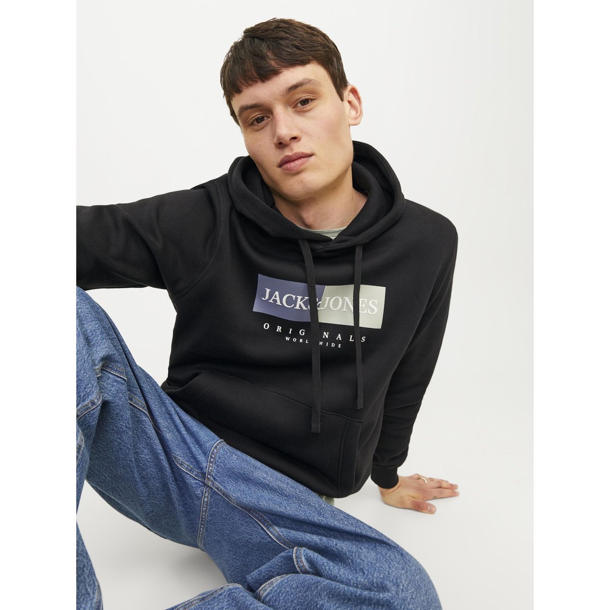 Sweat droit à capuche noir, JACK & JONES