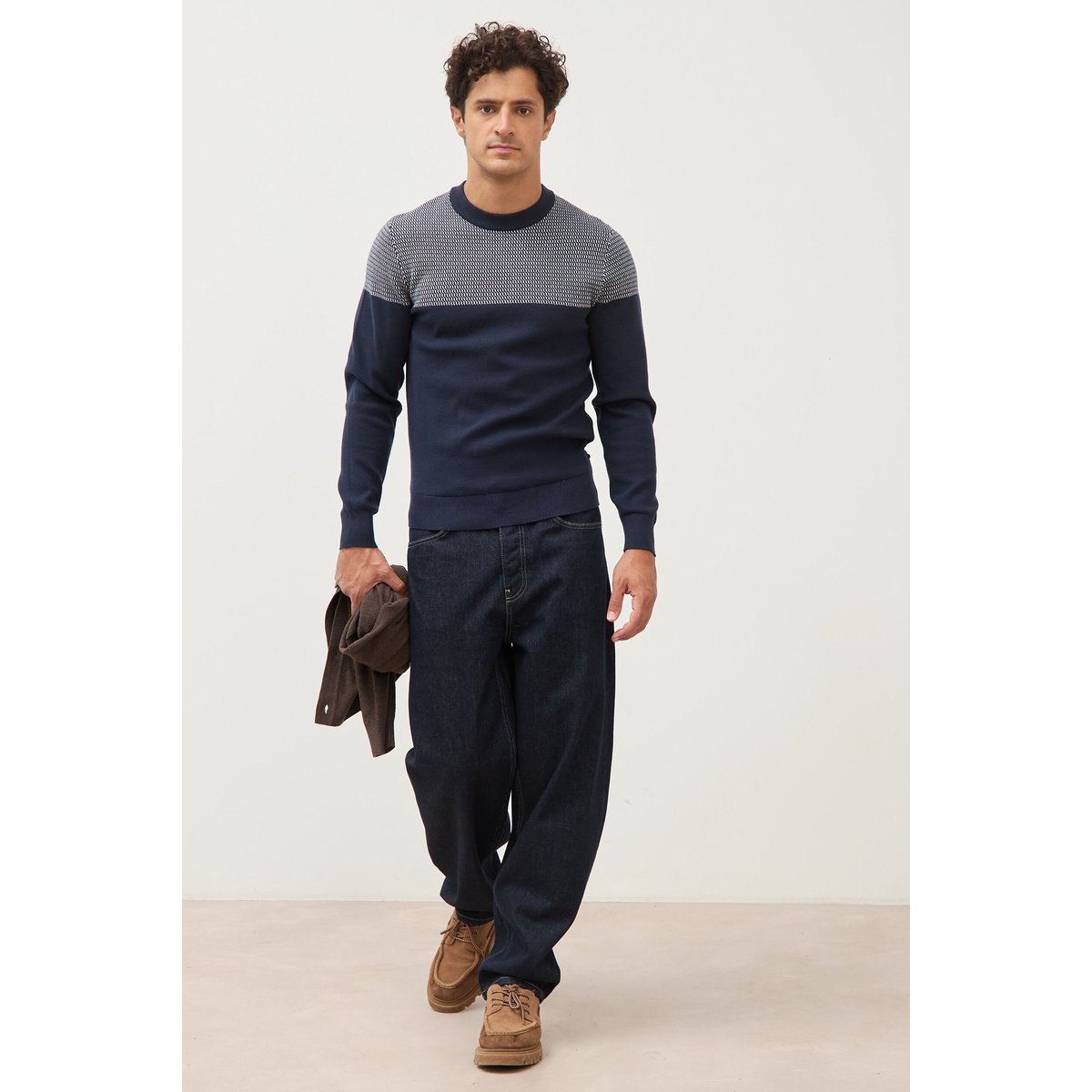 Pull droit fin col rond manches longues bleu marine, BONOBO